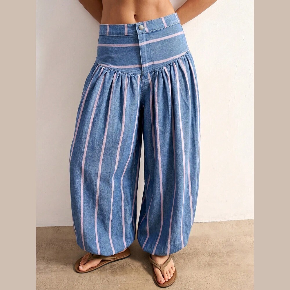 Blue Striped Denim Gathered Balloon Leg Harem Jeans